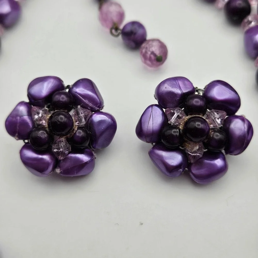 Vintage Purple Bead Double Strand Necklace and Clip On Earring Set Mid Century